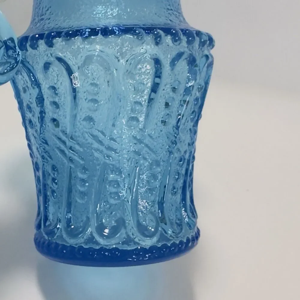 Pitcher Jug Kanawha Ice Colonial Blue Glass Mini UV Raised Loop Swirl Dots Wavy